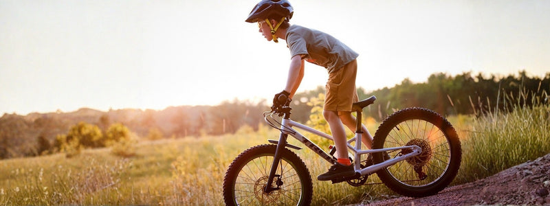 Poika pyöräilee hiekkapolulla, ja taustalla näkyy avaraa niittyä