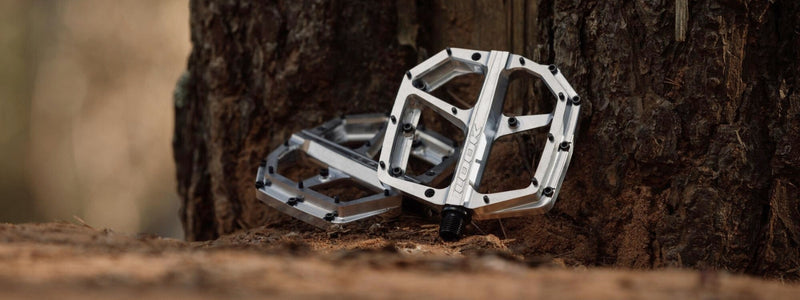 Kuvassa pyörän polkimet ovat asetettu puunrunkoa vasten